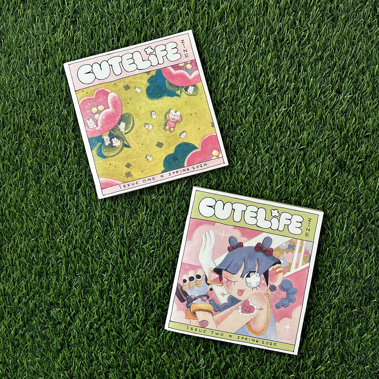 the covers of cutelife volume one and two on grass